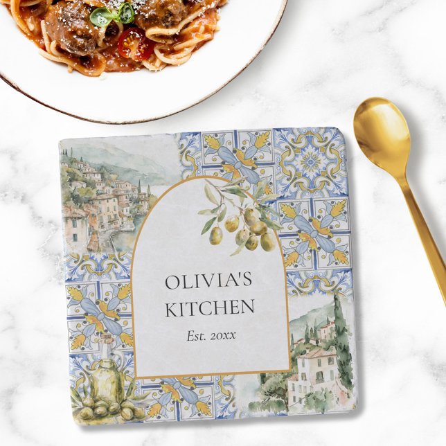 Olive Mediterranean Yellow Blue Tile Pattern Trivet (In situ)