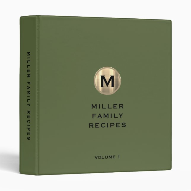 Olive Metallic Gold Monogram Family Recipe 3 Ring Binder (Front/Spine)