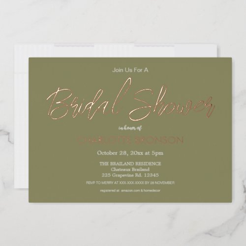 Olive Minimalist Script Bridal Shower Rose Gold Foil Invitation