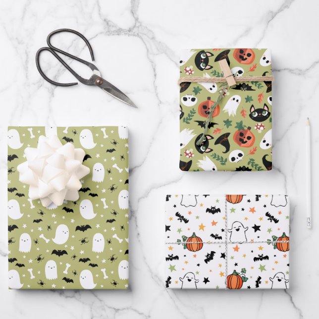 Olive Mixed Halloween Patterns Ghost Pumpkins Bats Wrapping Paper Sheets (Front)