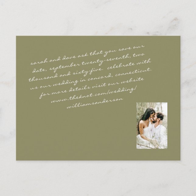 Olive Modern Script Couple Photo Save Our Date Pos Postcard (Front)