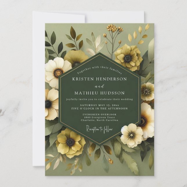 Olive Muted Flora Wedding Invitation (Front)