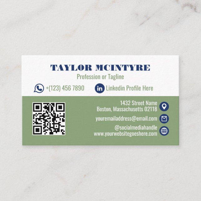 Olive & Navy Blue Professional Icons QR Code Business Card (Front)