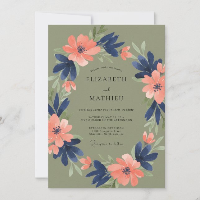 Olive Navy Floral Romantic Wedding Invitation (Front)