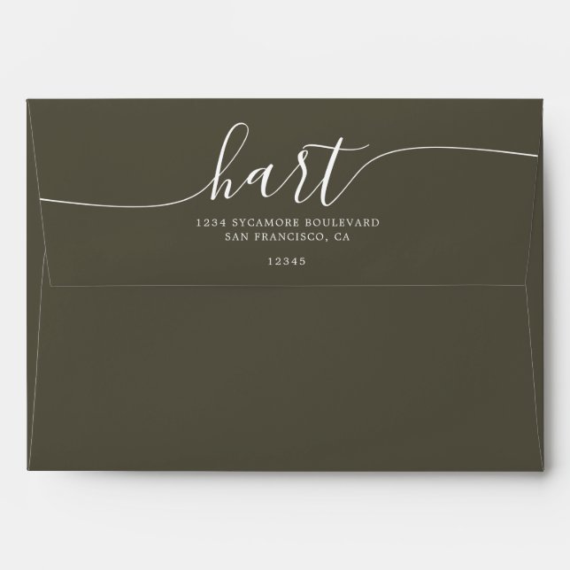 Olive Night with White Script Return Address Envelope (Back (Top Flap))
