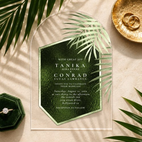 Olive Oasis Abstract Foil Palm Leaf Arch ID1324 Acrylic Invitations