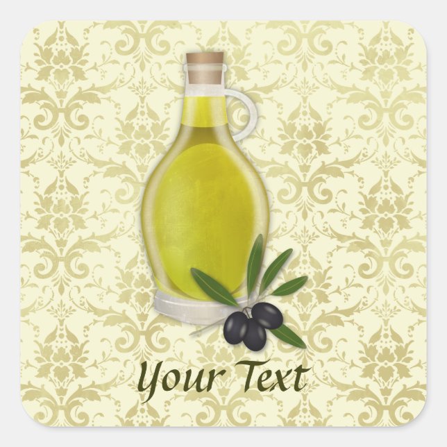 Olive Oil Bottle and Damask Pattern Square Sticker (Front)