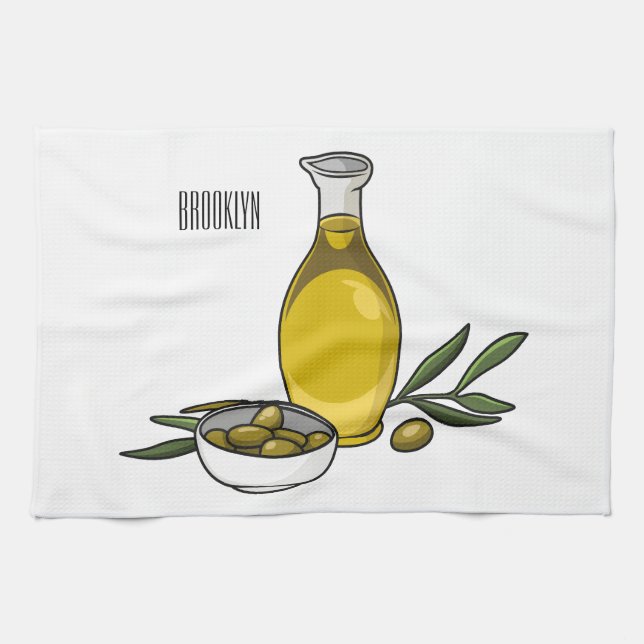 Olive oil cartoon illustration  kitchen towel (Horizontal)