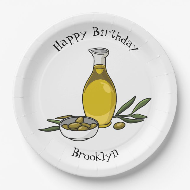 Olive oil cartoon illustration paper plates (Front)