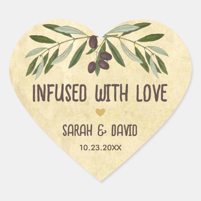 Olive Oil Rustic Wedding Heart Infused with Love Heart Sticker (Front)