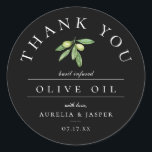 Olive Oil Thank You Favor Black Classic Round Sticker<br><div class="desc">Watercolor olives and leaves,  modern olive oil favor,  black thank you sticker.</div>