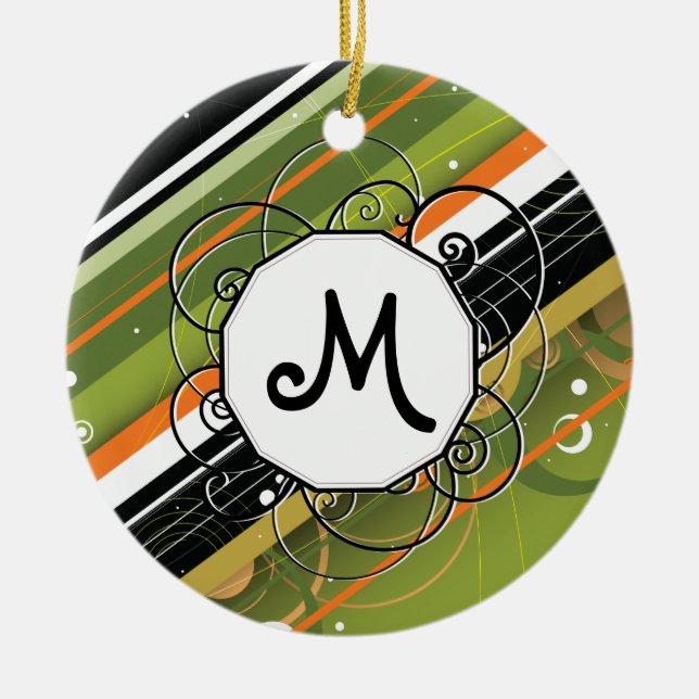 Olive & Orange Modern-Retro Stripes with Monogram Ceramic Ornament (Front)