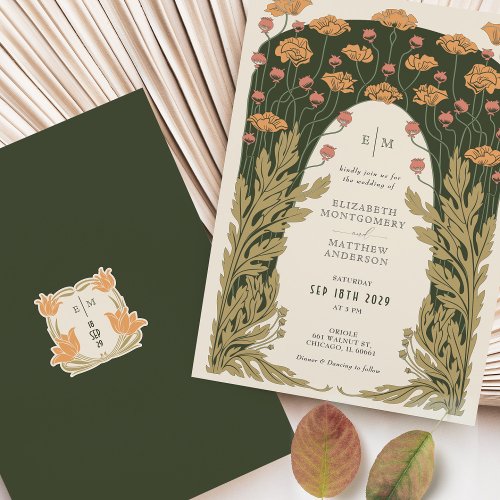 Olive  Orange Wedding Vintage Art Nouveau Floral Invitation