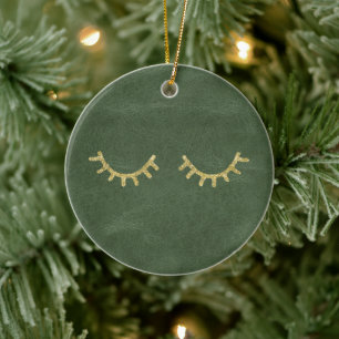 Olive Pistachio Green Gold Glitz Eyelashes Ceramic Ornament