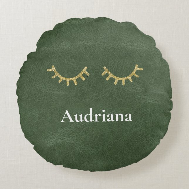Olive Pistachio Green Gold Glitz Eyelashes Round Pillow (Front)
