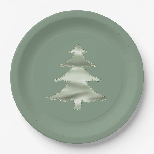 Olive Pistachio Mint Green Christmas Tree Paper Plates (Front)