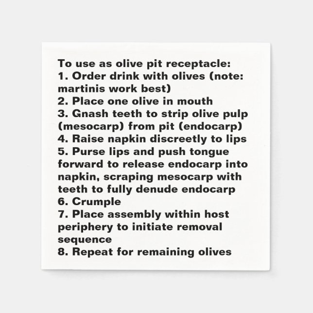 Olive Pit Disposal Instructions Cocktail Napkins (Front)