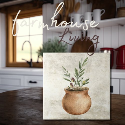 Olive Plant in Rustic Planter Watercolors Ceramic Tile