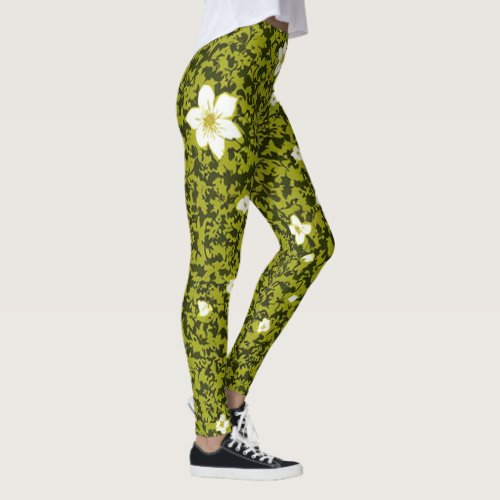 Olive Print with white flowers design Cute Floral Leggings