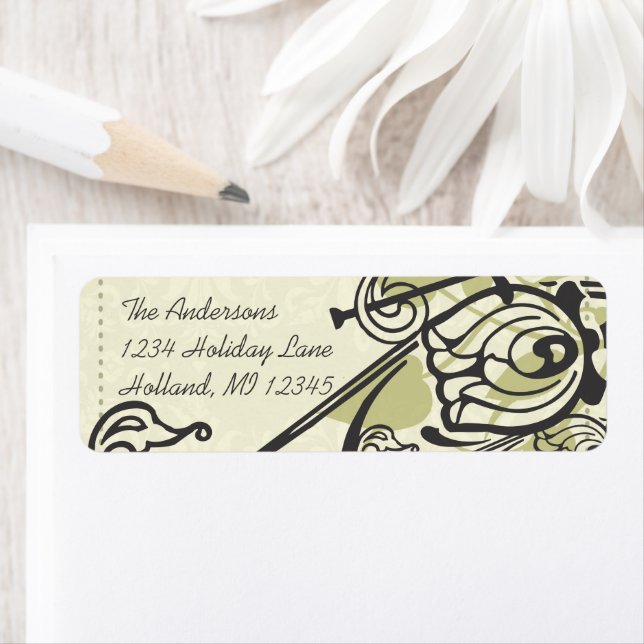Olive Rose Swirl Whimsical Return Address Labels (Insitu)