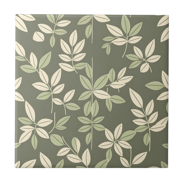 Olive Sage Botanical Leaves Pattern  Ceramic Tile (Front)