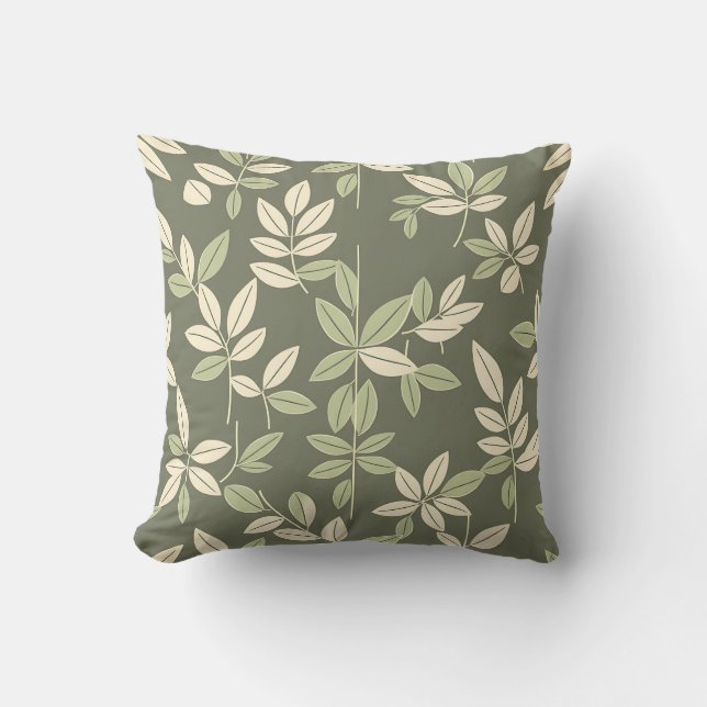 Olive Sage Botanical Leaves Pattern  Throw Pillow (Front)