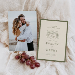 Olive Sage Fall Botanical Monogram Save the Date Invitation