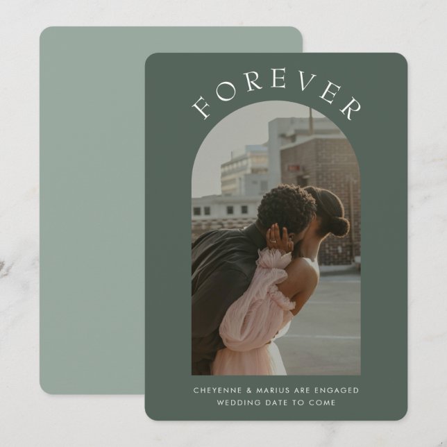 Olive Sage Green Arch Modern Photo Engagement Save The Date (Front/Back)