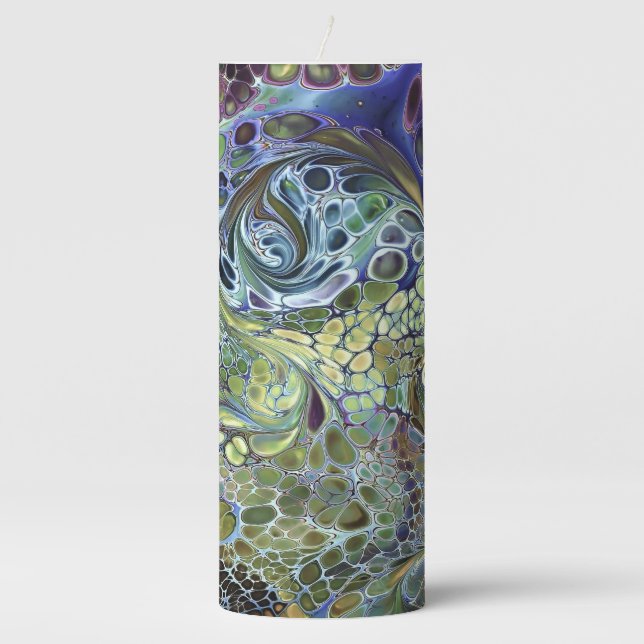 Olive sage green, purple blue burgundy abstract pillar candle (Front)