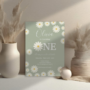 Olive Sage Retro Daisy Floral 1st Birthday Party Invitation
