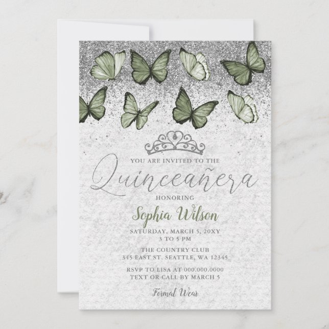 Olive Sage Silver Glitter Butterfly Quinceañera Invitation (Front)