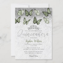 Olive Sage Silver Glitter Butterfly Quinceañera Invitation