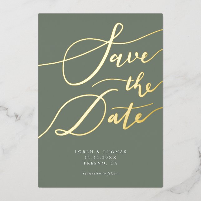Olive Save The Date Calligraphy Foil Invitation (Front)