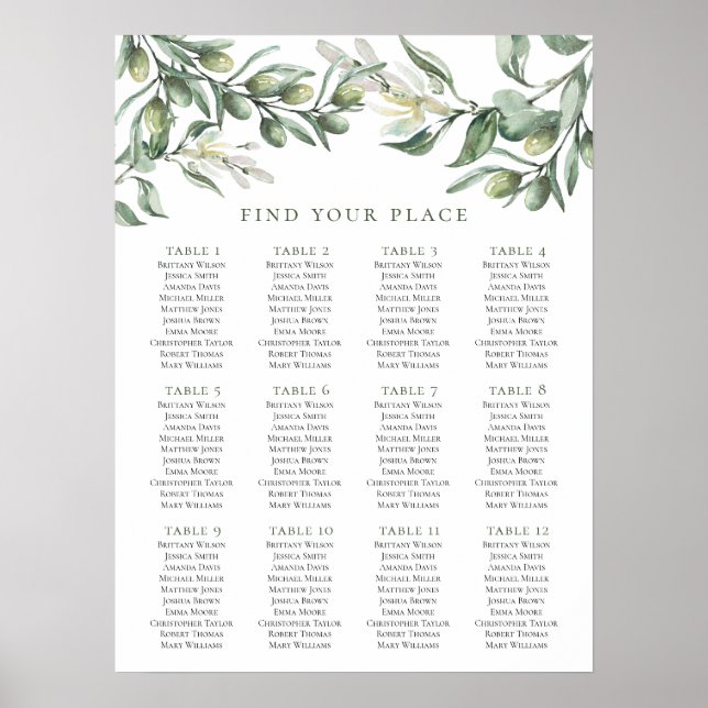 Olive seating chart. Green print. Italian wedding Poster (Front)