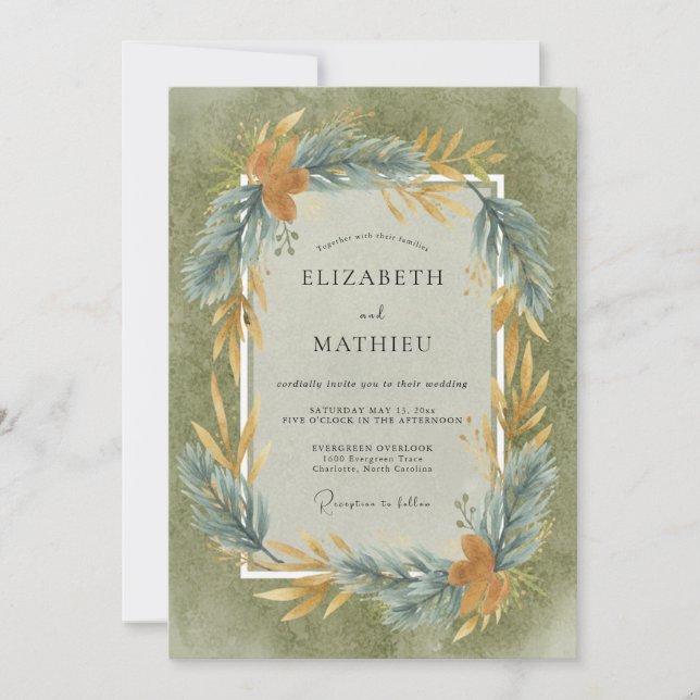 Olive Slate Leafy Wedding Invitation (Front)