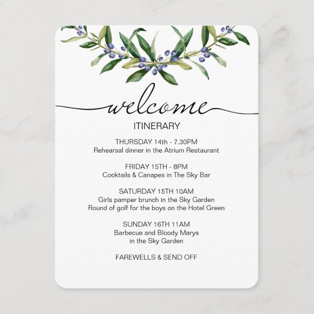 Olive Sprig Wedding Itinerary Welcome Favor Enclosure Card (Front)