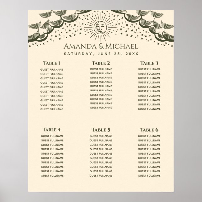 Olive Sun Moon Tarot Card Wedding Seating Chart (Front)