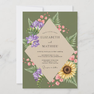 Olive Sunflower Fern Wedding Invitation