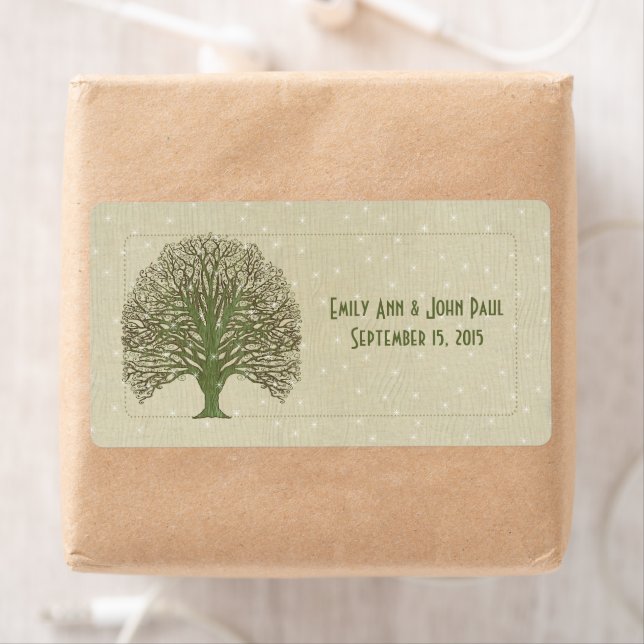 Olive Swirl Tree on Wood Grain Stars Save the Date Label (Insitu)
