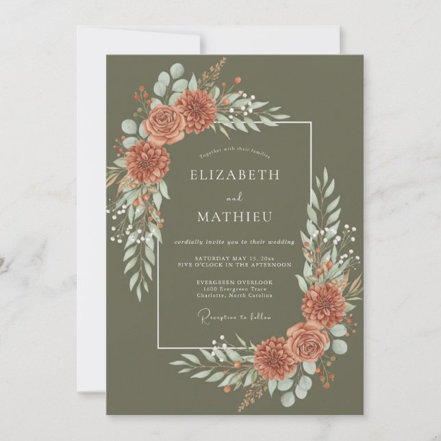 Olive Terracotta Ranunculus Sage Wedding Invitation (Front)