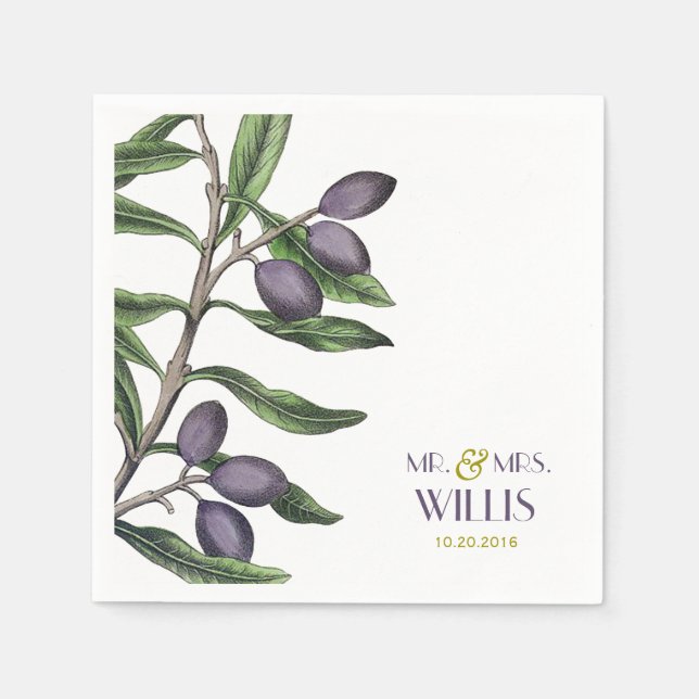Olive Tree Branch | Green Purple Paper Napkins (Front)