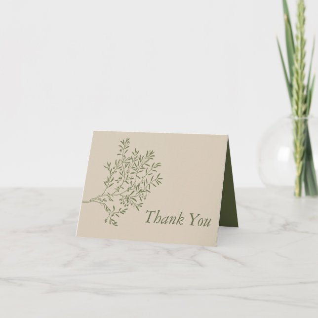 Olive Tree Branch, Rustic & Minimalistic Wedding Letterpress Thank You Card (Front)