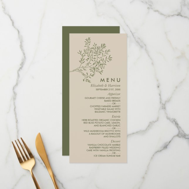 Olive Tree Branch, Rustic & Minimalistic Wedding Menu (Front/Back In Situ)