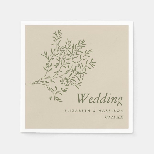 Olive Tree Branch, Rustic & Minimalistic Wedding Napkins (Front)