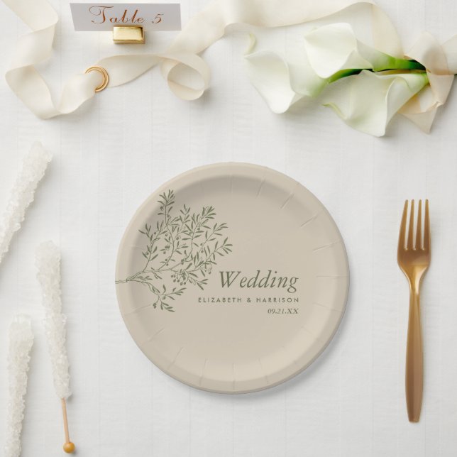 Olive Tree Branch, Rustic & Minimalistic Wedding Paper Plates (Wedding)