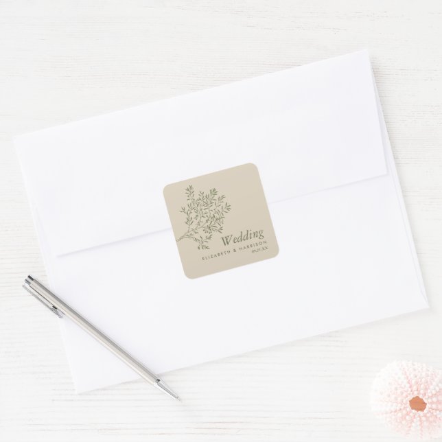 Olive Tree Branch, Rustic & Minimalistic Wedding Square Sticker (Envelope)