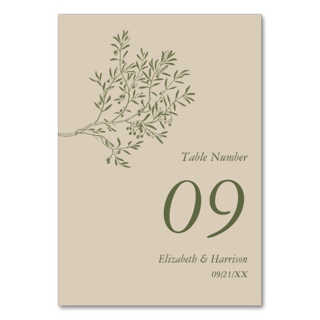 Olive Tree Branch, Rustic & Minimalistic Wedding Table Number (Front)