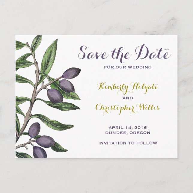 Olive Tree Branch Save the Date | Green Purple Announcement Postcard (Front)