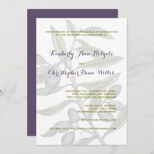 Olive Tree Branch Wedding  Green Purple Invitation