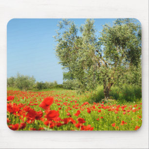 Olive tree in poppy field mousepad